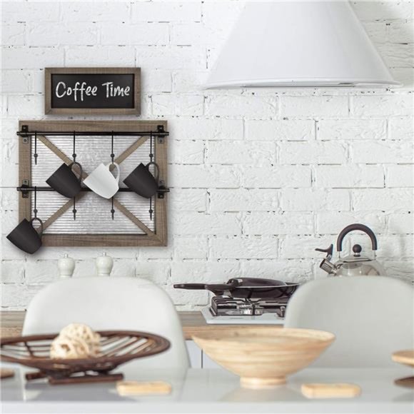 Rustic Farmhouse Mug Rack Wall Mounted with Blackboard for Coffee Sign Decor - Picture 5 of 6